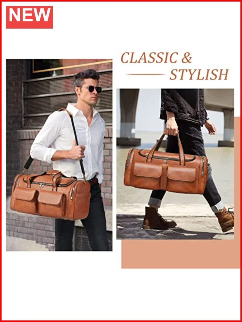 Large PU Leather Travel Duffel Bag with Shoe Compartment, Waterproof Weekender